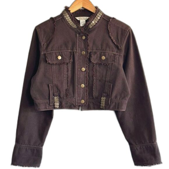 JohnPaulRichard Crop Jacket Sz L Brown Denim ButtonUp Long Sleeve Sequin Vintage - Picture 1 of 7